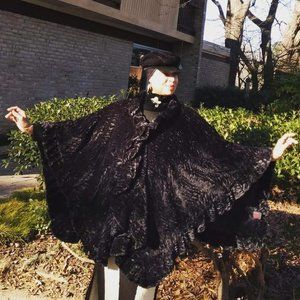 Elegant Black Silk and Synthetic Fur Cape
